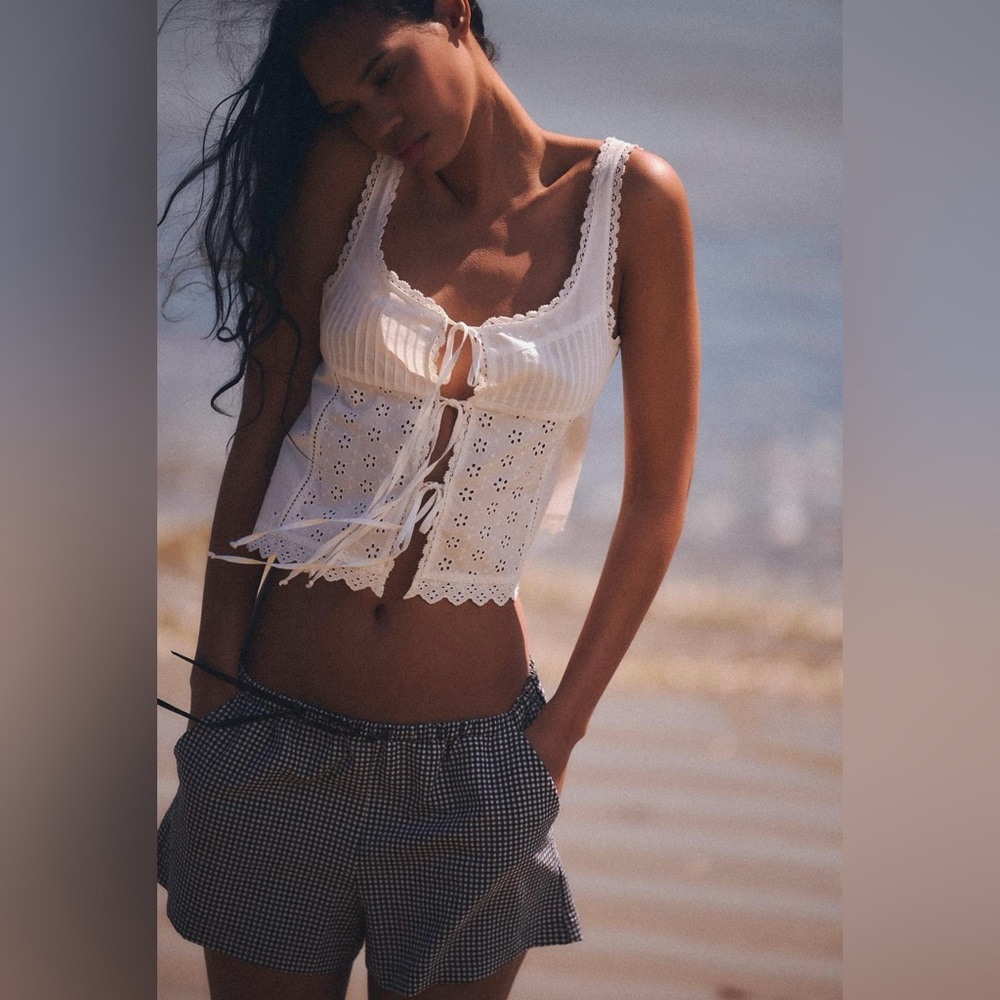 Zara White Eyelet Tie-Front Cropped Tank